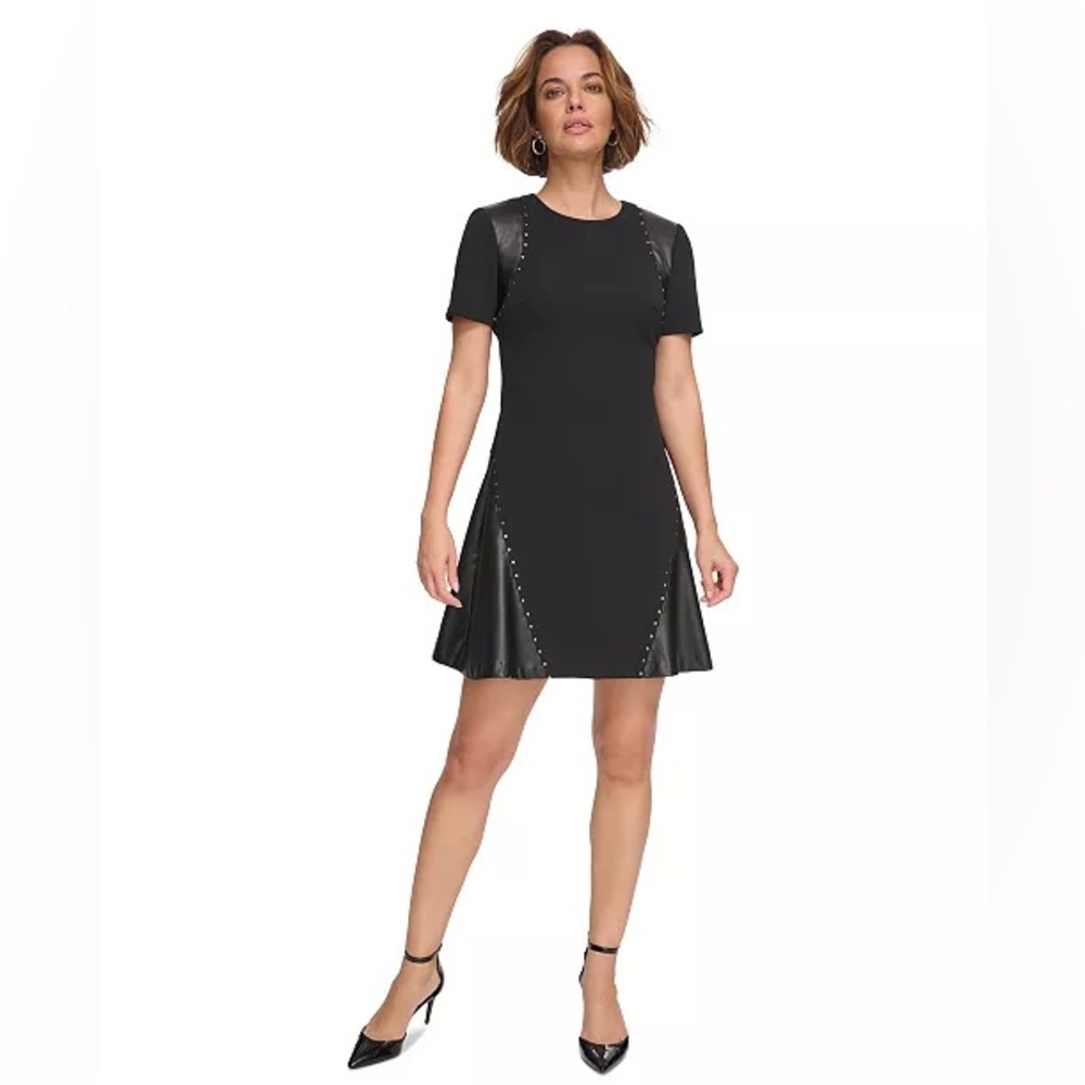 DKNY Petite Studded Mixed-Media Fit & Flare Mini Dress